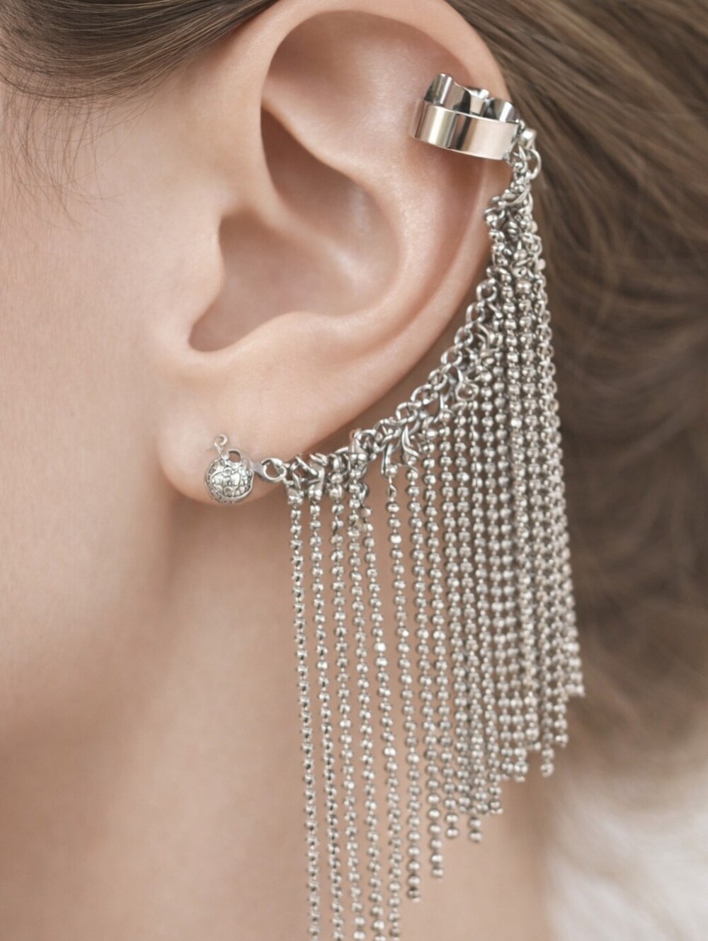 Silver Tassel Ear Cuffs – Chain Fringe Helix Cuffs & Studs for Women’s Jewelry